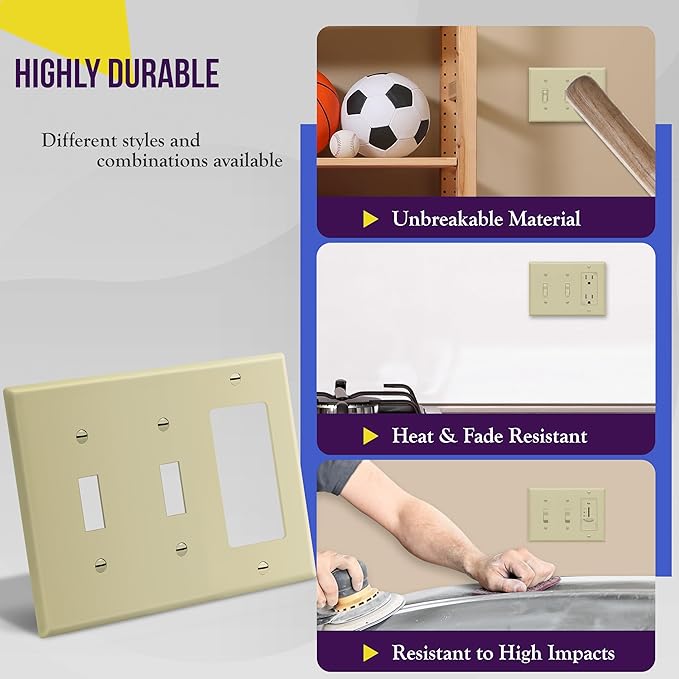 ENERLITES Combination Double Toggle/Single Decorator Rocker Outlet Wall Plate, Standard Size 3-Gang Light Switch Cover(4.5" x 6.38"), Polycarbonate Thermoplastic, UL Listed，881231-I, Ivory