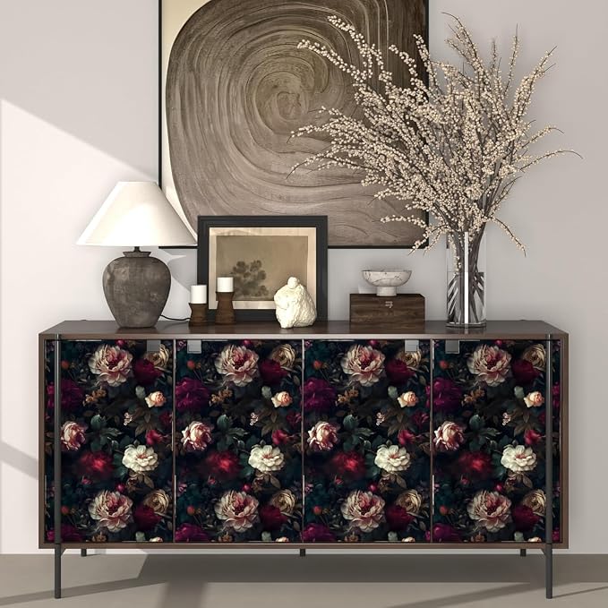 Fvlow Vintage Black Dark Red Floral Peel and Stick Wallpaper 17.4" x 394" | Renter Friendly, Removable & Waterproof, Vinyl Easy Install for Bedrooms, Bathrooms, Kitchens, Cabinets and Home Decor