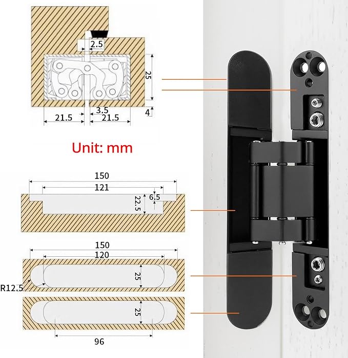 QWORK Adjustable Hidden Door Hinges (2-Pack), 6" Zinc Alloy Swing Hinger for Doors Up to 50mm Width & 0-35mm Thickness