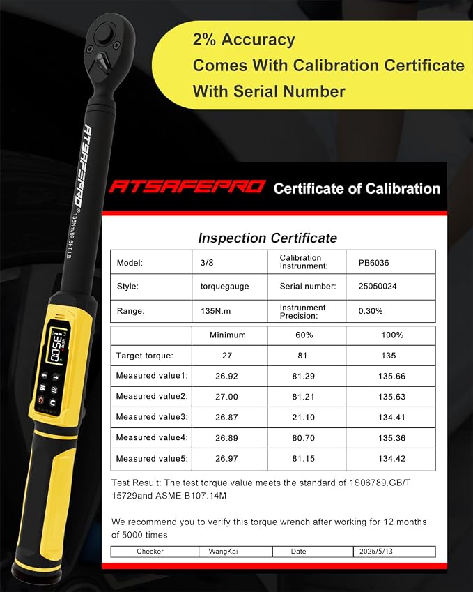 Digital Torque Wrench 3/8" Drive, 1.5-99.5 FT.Lb - 5 Units with Color Screen, Vibration/Buzzer/LED, 5" Extension & 3/8 to 1/2 Adapter, 3/8 Torque Wrench ±2% Accuracy for Car, Motorcycle, Bike Repair