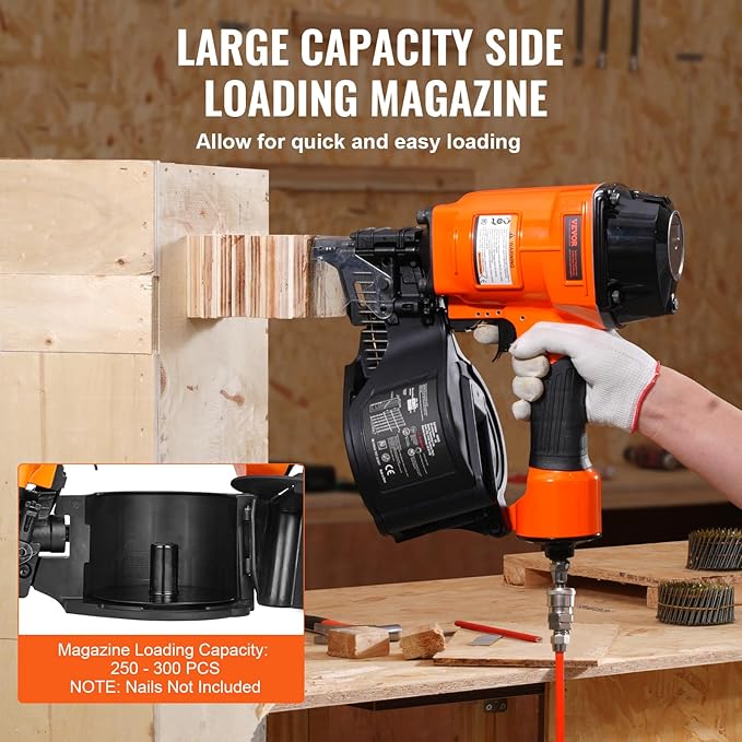 VEVOR Coil Siding Nailer MCN70, 1-3/4" to 2-3/4" 15 Degree Pneumatic Siding Nail Gun, 70-120PSI Air Coil Nailer for Pallet, Crating, Framing, Siding and Fencing