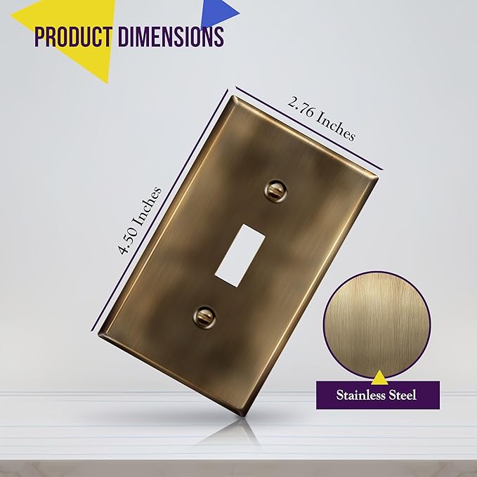 ENERLITES Toggle Light Switch Metal Wall Plate, Stainless Steel Switch Cover, Corrosion Resistant, Standard Size 1-Gang 4.50" x 2.76", Stainless Steel 201, 7711-AB, Antique Brass