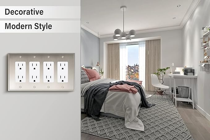 Henne Bery Soft Modern Decorative Wall Plate Switch Plate Outlet Cover (Quad Decorator, Satin Nickel)