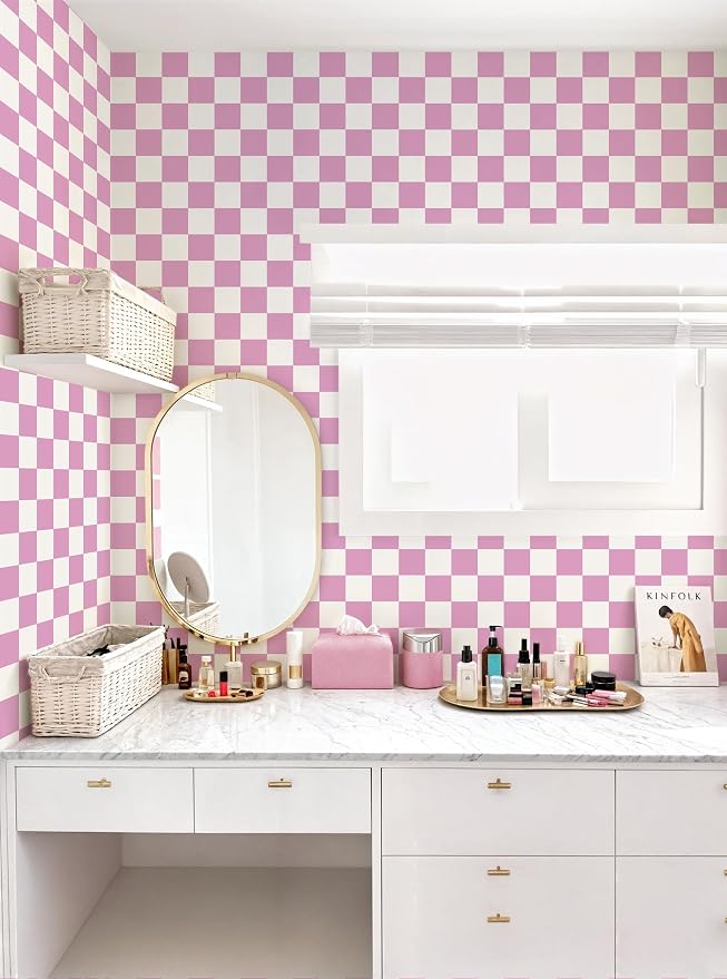 Yasinet Pink Peel and Stick Wallpaper Checkered Wallpaper Modern Pink and White Checkerboard Contact Paper Girl Bedroom Removable Self Adhesive Wall Paper Waterproof for Bathroom Vinyl 17.3" × 393.7“