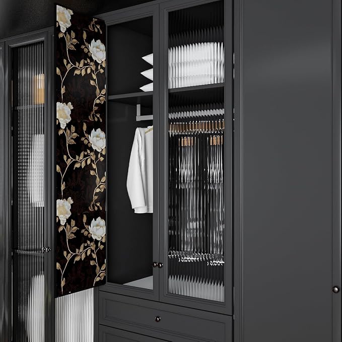 Vintage Dark Black Golden Floral Wallpaper Peel and Stick 17.5"x787" | Self Adhesive/Removable/Waterproof/Thick Vinyl Extra Long Contact Paper for Bathroom Bedroom Shelf Cabinet Drawer,Prepasted