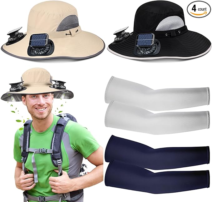 Glitopper 2 Set Wide Brim Solar Fan Hats with 2 Solar Fan and Arm Sleeves Set Outdoor Fishing Bucket Hat for Men Women Hiking