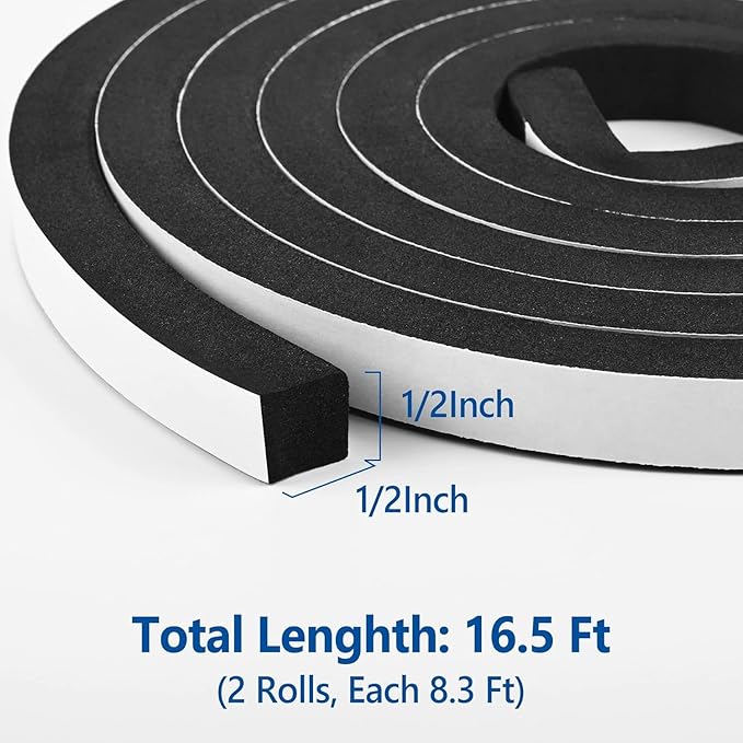 Kikerike Self Adhesive Foam Tape Weatherstrip 1/2In x 1/2In x 16.5Ft High Density Foam Insulation Strips Seal Weather Stripping with Strong Adhesive for Door and Window Sound Isolation Soundproofing