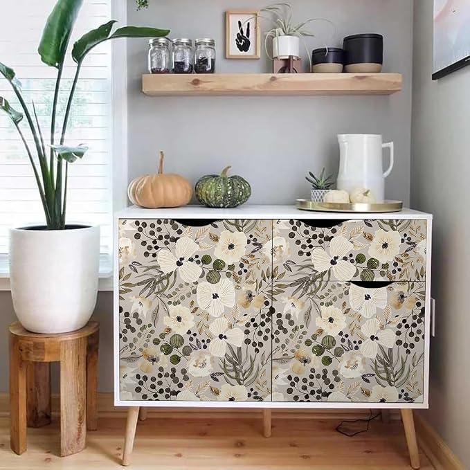 18"x236" Boho Cream/Brown Daisy Flower Peel and Stick Self Adhesive Wallpaper Removable Contact Paper Stick on Easy Peel Off Wall Paper for Kitchen Bedroom Bathroom Renter