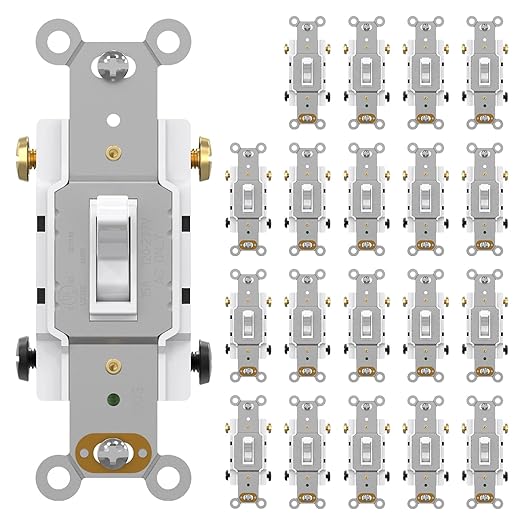 AIDA 4 Way, 15 Amp Toggle Light Switch, Grounding Screw, Residential Grade Electrical Wall Switch, UL Listed (White, 20 Pack)