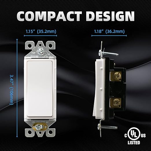 ELEGRP 3 Way Decorative Light Switch, 15Amp, 120-277 Volt, AC Decorator Rocker Paddle Wall Switch Replacement, Self-Grounding, Residential and Commercial Grade, UL Listed (5 Pack, Glossy White)