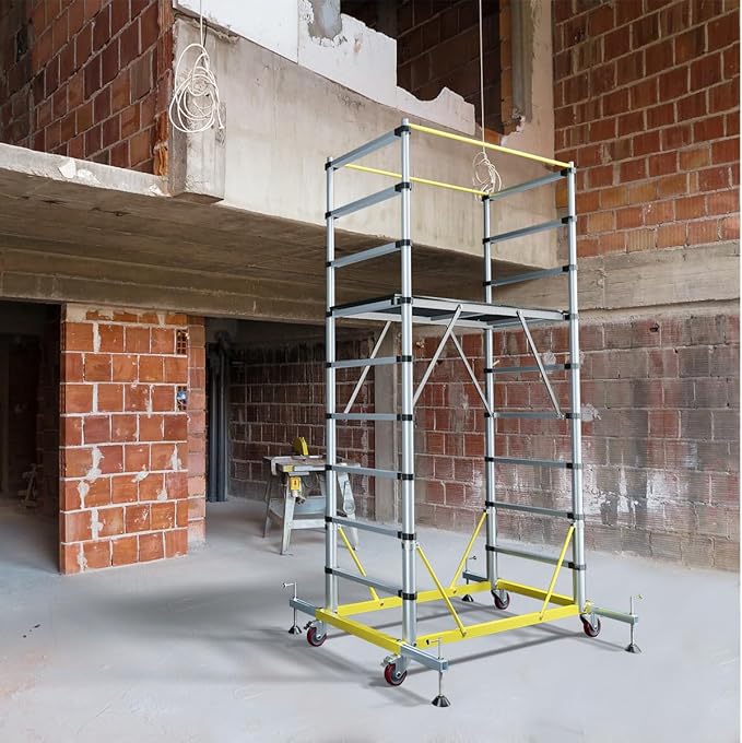 APARECIUM 10' Aluminum Scaffold Tower, Multipurpose Rolling Scaffolding Work Platform, Utility Scaffolding Tower, Adjustable Work Platform with Hatch Deck and Guard Rail, 500 Lbs Duty Rate