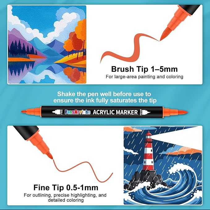 FansArriche 132 Colors Acrylic Paint Markers, Dual Tip Brush & Fine Point Permanent Markers Set for Fabric, Wood, Stone, Canvas, Rock, DIY Art Supplies Kit
