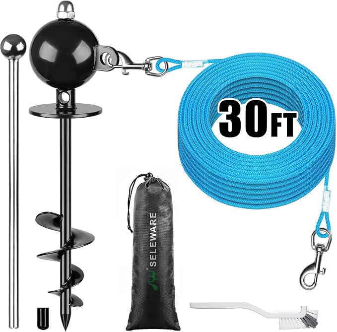 SELEWARE Dog Tie Out Stake, Outdoor Dog Anchor with 30FT Dog Leash Rope | 16.5" Long Anti-Rust Heavy Duty Dog Stake for Large Dogs up to 220 lbs, Easy Install with Twist Rod for Yard Camping Outside