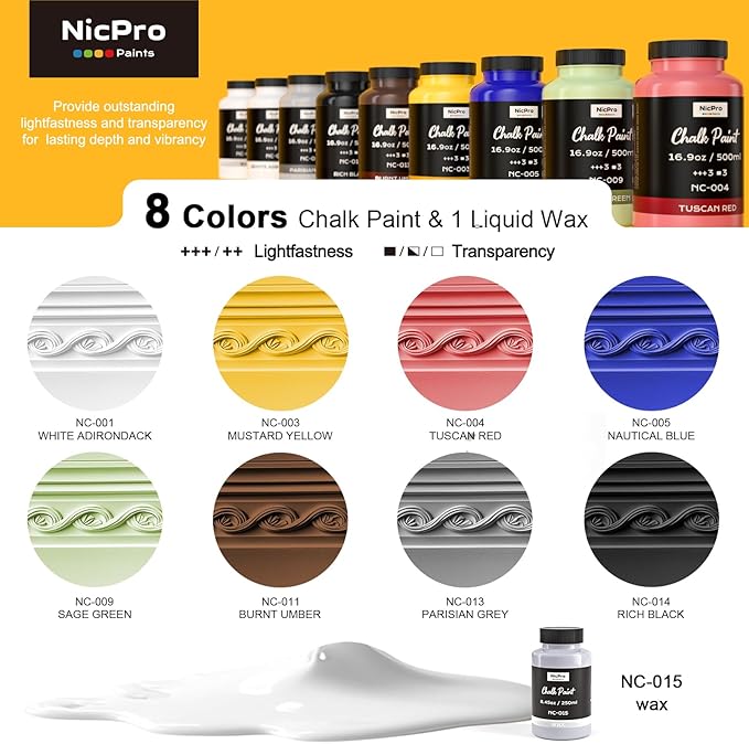 Nicpro 8 Colors Chalk Paint for Furniture, 16.9 oz (500ml) Ultra Matte Finish Acrylic Craft Paint, Non-Toxic Chalk Furniture Paints for Wood, Metal, Cabinets, Home Decor with Liquid Wax, Color Wheel