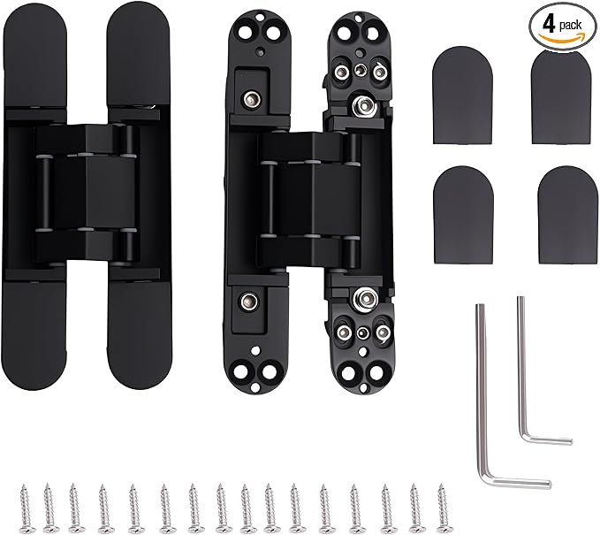 4-Pack 6 inch Hidden Door Hinges Heavy Duty Black, Invisible Concealed Hinges Zinc Alloy 6''x 2.5''x1Inch, Concealed Hinge 180 Degree Swing Hinge, 3 Way Adjustable with Pins and Screws