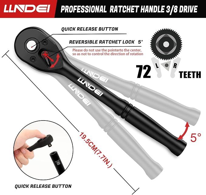 LLNDEI 3/8" Drive Impact Socket Set 95Pcs SAE/Metric | 5/16-3/4" & 8-22mm, Deep/Shallow Kit, Adapters, Ratchet, Bits, Spark Plug Socket, 6-Point, for Auto Repair, Garage & Home DIY