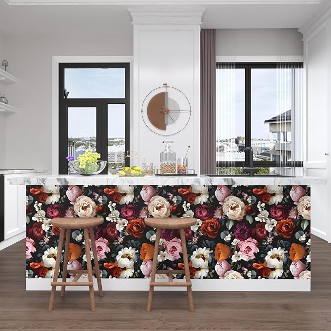 Vintage Black Red Rose Floral Peel and Stick Wallpaper 17.5"x197" | Self Adhesive/Removable/Waterproof/Thick Vinyl Contact Paper for Bathroom Bedroom Shelf Cabinet Drawer,Prepasted,Easy Peel