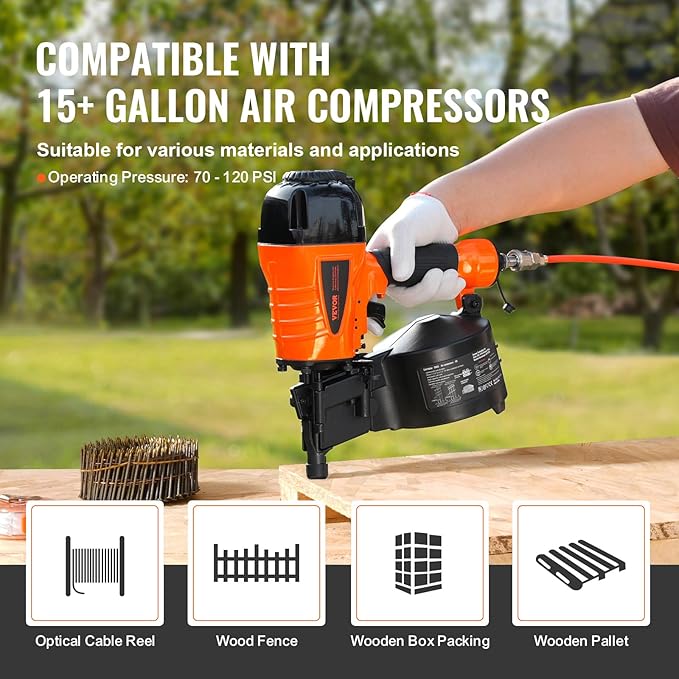VEVOR Coil Siding Nailer CN65, 1-1/4" to 2-1/2" 15 Degree Pneumatic Siding Nail Gun with Tool-Less Depth Adjustment, 70-120PSI Air Coil Nailer for Siding, Pallet Sheathing, Wooding, Fencing, Decking