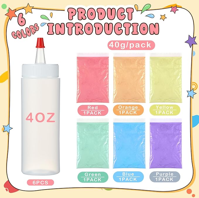 DIY Sidewalk Chalk Paint Kit for Kids Non Toxic Paint Washable Powdered Chalks with Plastic Squeeze Bottle Mix in Water 6 Vibrant Colors for Creative Sidewalk and Chalkboard Fun(6 Packs)