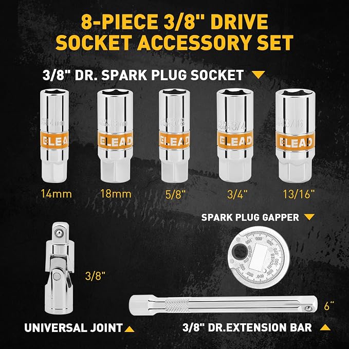 8-Piece 3/8" Drive Spark Plug Socket Set with Universal Joint, Spark Plug Gapper and 6" Extension Bar, SAE & Metric, 5/8", 3/4", 13/16", 14mm, 18mm, CR-V Sockets with Rubber Holding Rings