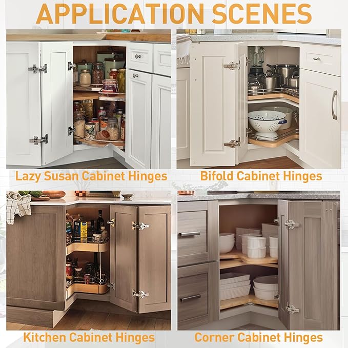 TamBee 135 Degree Cabinet Hinges, Lazy Susan Hinges for Corner Cabinets, Hidden Hinges for Kitchen Folded Doors - 3D Adjustment, Cupboard Hinges Replacement, Brushed Nickel 1 Pair