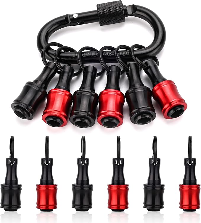 katerk 6pcs Red&Black Bit Holder with Carabiner Socket for Mens Gift, 1/4 inch Hex Shank Aluminum Alloy Screwdriver Bit Holders, Quick Release Easy Change Impact Driver Drill Bit Keychain Extension