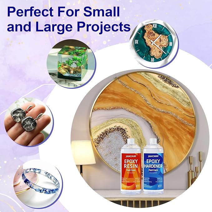 JANCHUN Crystal Clear Epoxy Resin Kit 32OZ, Bubble-Free, Anti-Yellowing, Self Leveling Easy Mix 1:1 Coating and Casting Resin for Table Top, Molds, Tumbler Crafts, Painting, Jewelry, DIY Gifts