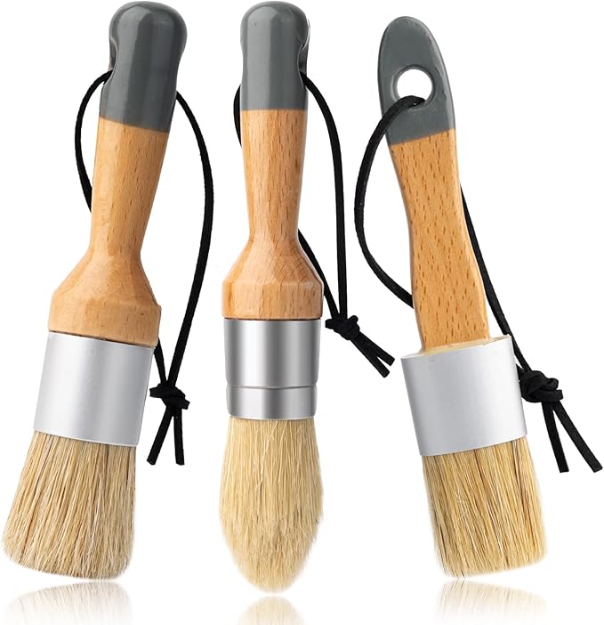 Mister Rui Chalk Wax Paint Brush, 3pcs, Chalk Paint Brushes for Furniture, Small Wax Brush for Acrylic Paint, Milk Paint, Natural Bristles Stencil Brushes, No Shedding