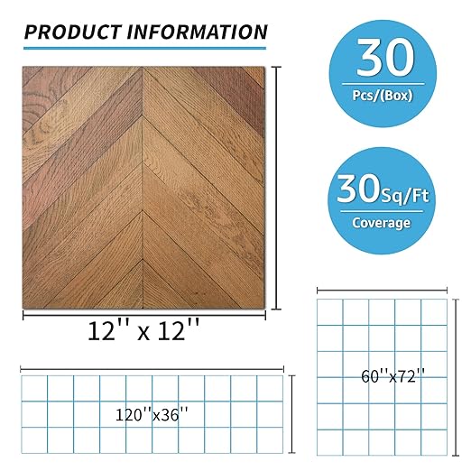 Art3d 30-Pack Herringbone Peel and Stick Vinyl Floor Tiles, 12" x 12" Self Adhesive Waterproof Wood Flooring Plank for Kitchen Bathroom Bedroom, Cover 30 Sq. Ft, Brown