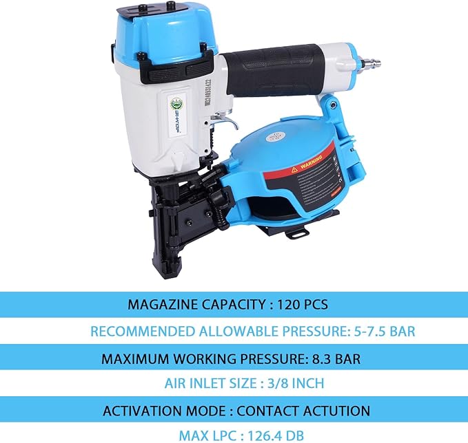 Salvador CN45N Roofing Nailer, 15 Degree Roofing Nail Gun, 3/4-Inch to 1-3/4-Inch Coil Nails, 120-pcs Load Capacity Coil Nailer