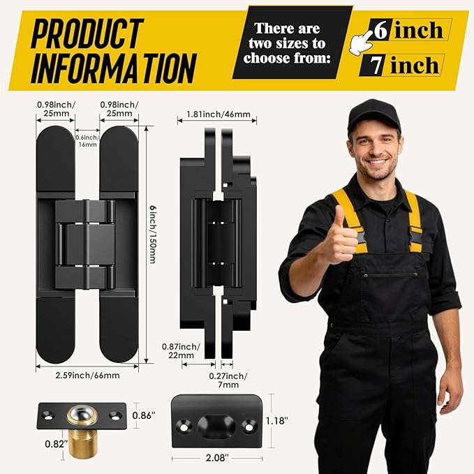 6inch Hidden Door Hinge,Concealed Hinges,Hidden Door Hardware kit,Invisible Door Silent 180 Degree Swing Hinge 3-Way Adjustable Butt 6 x 2.5 x 1inch (Black, 6 inches)