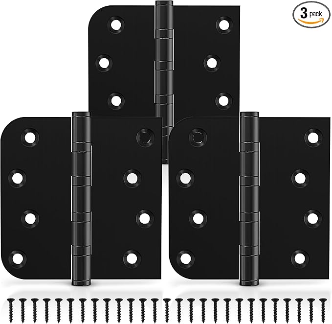 KOLET Ball Bearing Door Hinges, 4 x 4 Inches Door Hinges, Square and 5/8'' Radius Corner, Heavy Duty Stainless Steel Hinges, Smooth and Quiet, Non Removable Pin, Matte Black, 3 Pack