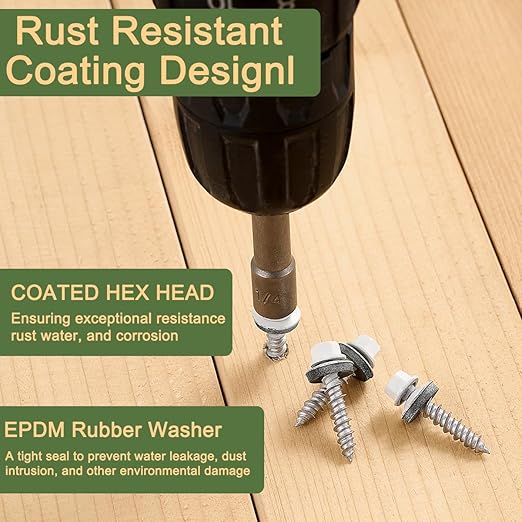 50 Pcs #10x1 White Metal Roofing Screws - Galvanized Hex Head Self-Tapping with EPDM Washers Sharp Point,for Corrugated Roofing, Wood Siding, Fences, Carports, Garages, Sheds