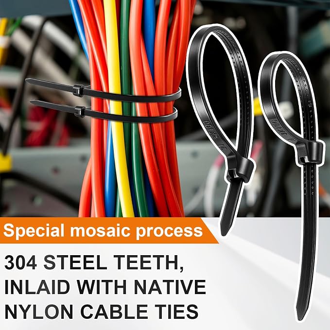 Blulu 200 Pcs 4 Inch Cable Zip Ties with Metal Tooth Stainless Steel Locking Device, Black Cable Ties, UV Resistant Wire Wraps Multi Purpose for Industrial Indoor Outdoor Use