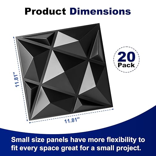 20 Pack 3D Wall Panels for Interior Wall Decor, 12''x12'' White Accent Diamond Panels for Gaming Room Bedroom TV Background, Black