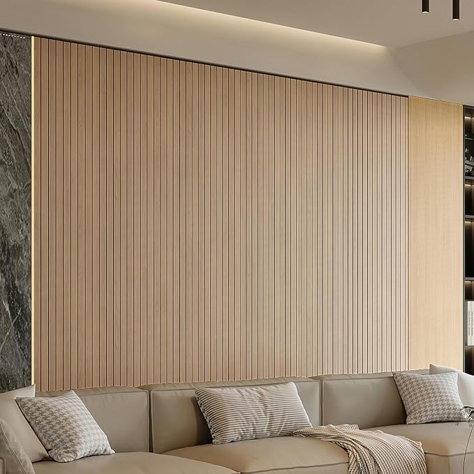YU LI 3DH Peel and Stick PVC Slat Wall Panel 236"x15.75" Self-Adhesive Thick Faux Oak Wood Grain Wallpaper Panel 3D Soundproof Wall Panels for Walls & Ceilings