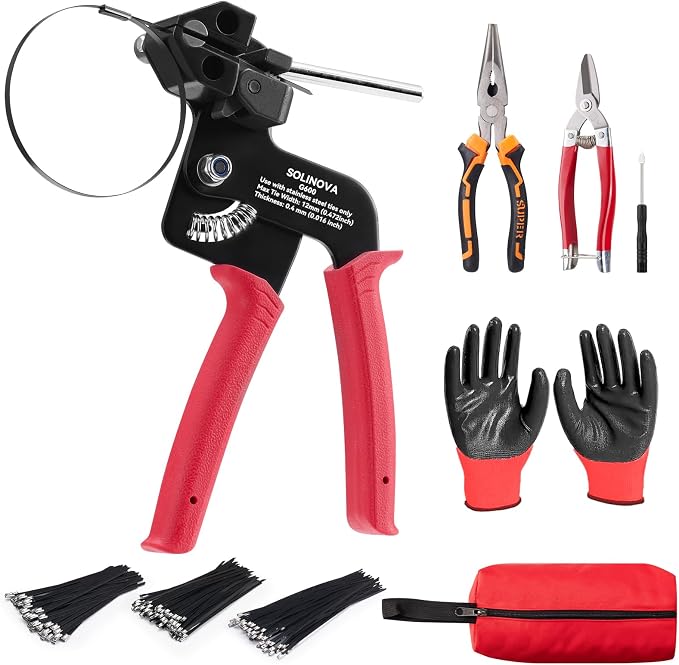 Metal Zip Ties Gun Tool Set,Upgraded Stainless Steel Cable Tie Gun with 200pcs Uv Resistant Black Heavy Steel Cable Tie Heavy Duty Outdoor for Fastening & Cutting, Chain Link Fence, Exhaust Pipe