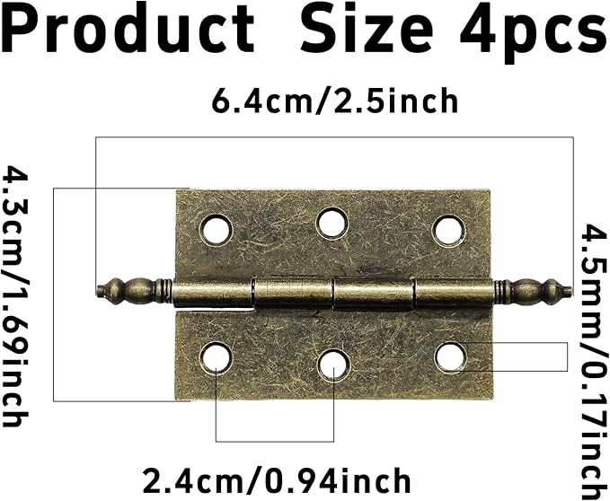 4Pcs Antique Bronze Folding Butt Hinges, Vintage Brass Hinges for Cabinet, Door, Window, Wooden Box, Chest, Cupboard, Furniture Hardware, Size 2.5" x 1.69"