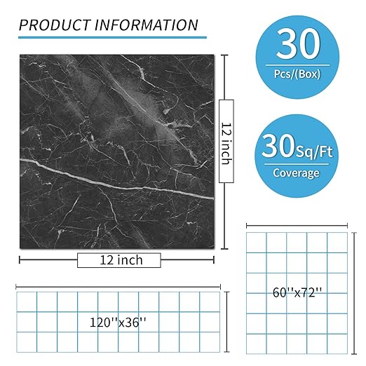 Art3d Peel and Stick Floor Tile, 30-Pack 12 x 12in. Covers 30 Sq.ft, Waterproof Vinyl Flooring Tiles Self Adhesive for Kitchen, Bathroom & Bedroom - Dark Marble