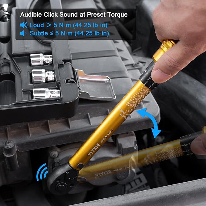 YIYEIE 1/4 Inch Drive Bike Torque Wrench, 1-25 Nm (10-222.5 in.lb) | 27 PCS Click Bicycle Torque Wrench with Bit Sockets, 0.1 Nm Micro, 72-Tooth Ratchet, 3/8 Adapter, for MTB, E-Bike, Motorcycle