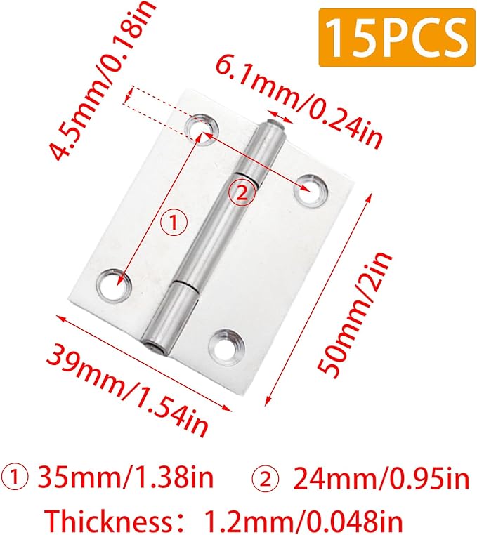Pine & Linen 15 Pack Stainless Steel Folding Hinge, Butt Cabinet Hinge, Window Hinges Small Hinges with 60 Pieces Screws for Home Furniture/Cabinet Projects/DIY Enthusiasts（2 Inch）