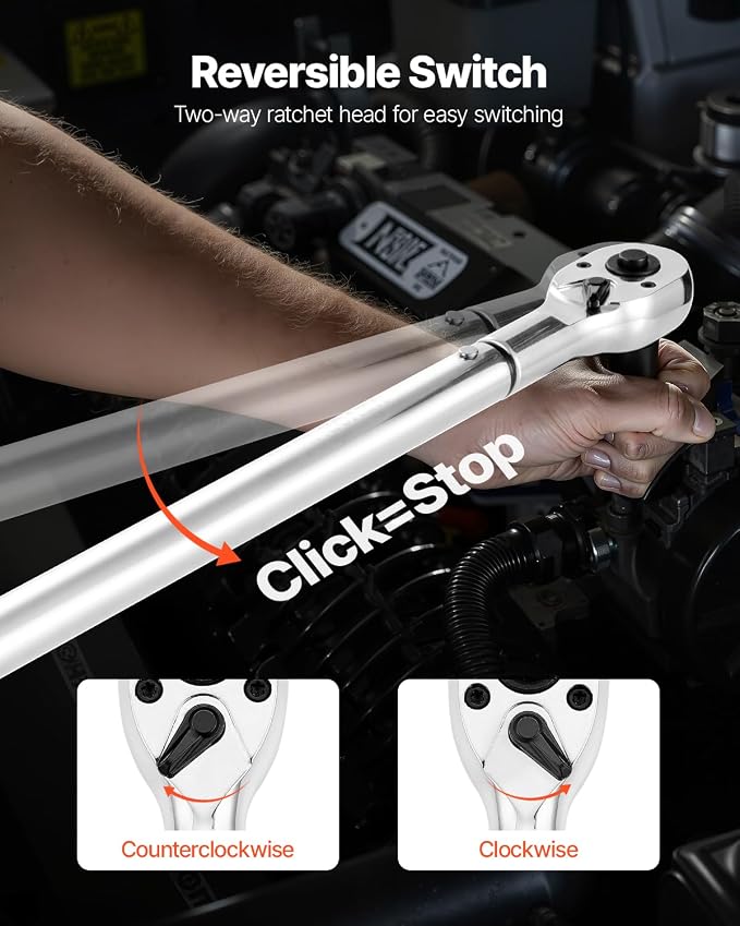 VEVOR 3/4 Inch Drive Click Torque Wrench 100-600 Ft-Lb / 136-814Nm | 1 Inch Adapter, Split Beam, 48" Length, less effort for Off-road Equipment, Trucks, Motor Homes & Drilling Platform