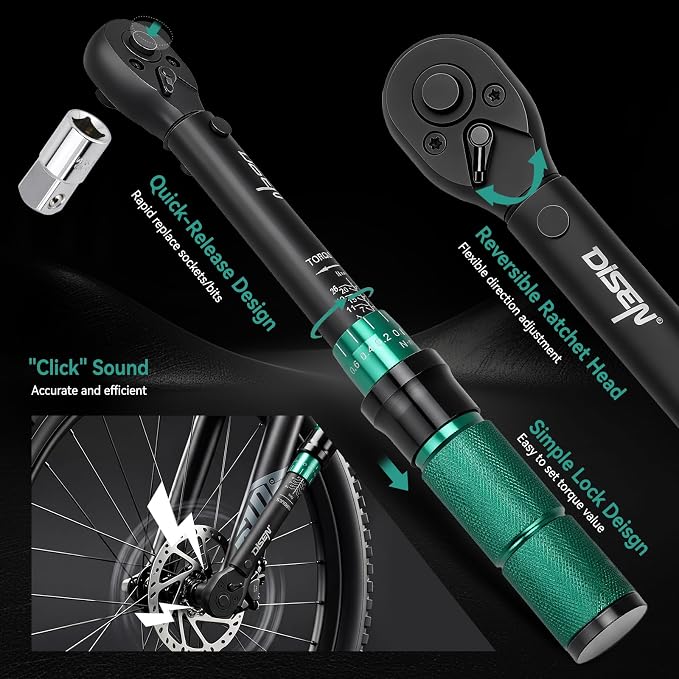 DISEN 46PCS 1/4" Click Torque Wrench 1-26 N.m 72-Tooth Quick Release | ±3% accuracy | Reversible ratchet | Sockets & bits included | 1-26 N.m range | For bikes, motorcycles, precision repair