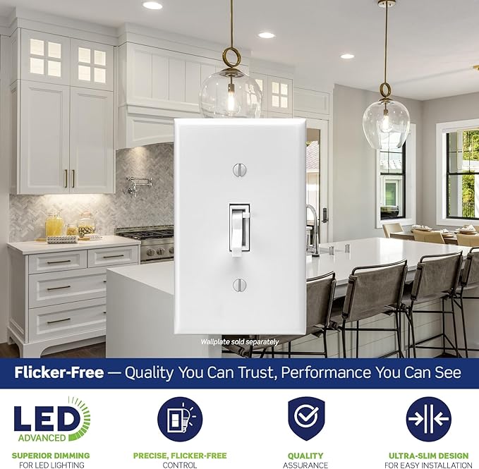 Leviton Toggle Slide LED Advanced Dimmer Switch for 150W Dimmable LED, Halogen and Incandescent Bulbs and Fixtures, TSL01-W, White