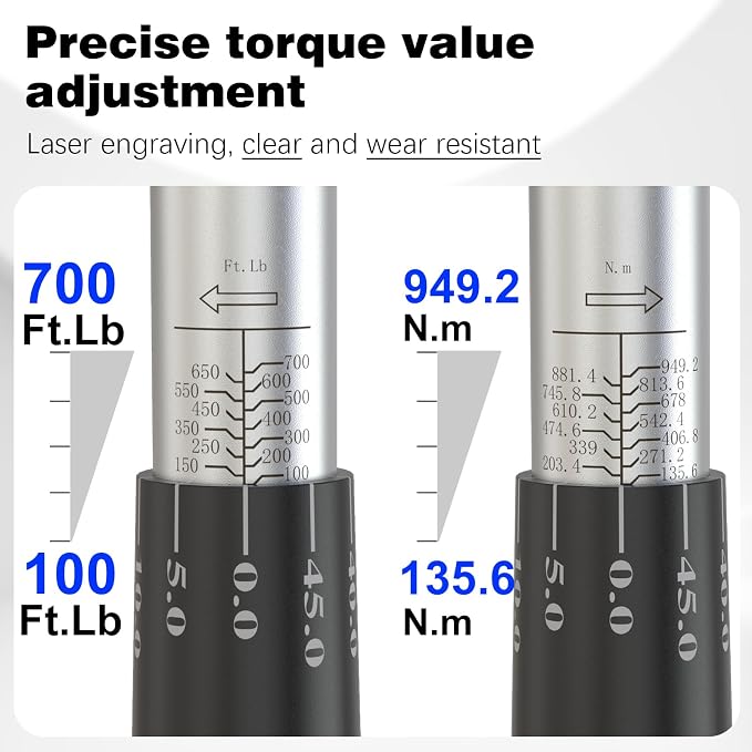 SuZhi 3/4 Inch Drive torque wrench 100-700 ft lb /135-949N.M/Aluminum Alloy handle & Cr-Mo Material Head, Heavy Duty, Professional,Dual Direction, Store in Solid Case