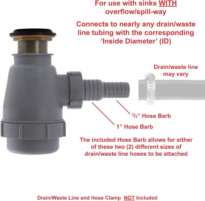 Ambassador Marine - 1-1/2 inch Drain, Flip Trap Sink Drain - with Overflow, 3/4 inch & 1 inch Hose Barb - Chrome - S01-0508-CP-W