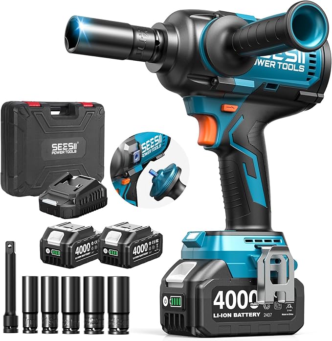 SEESII Upgraded Impact Wrench 1180 Ft-lbs (1600 N·m): 1/2" High-Torque Impact Gun with Detachable Side Handle, 21V Cordless Impact Driver 2x 4.0Ah Batteries for Car/Pickup Truck/Mower/Industrial Tasks