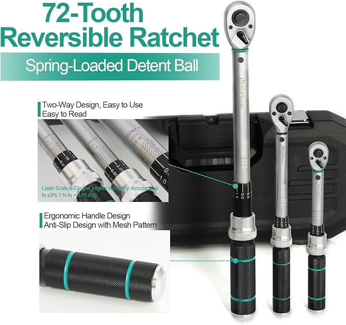 3-Piece Click Torque Wrench Set – 1/4", 3/8", 1/2" Drive, ±3% Accuracy, 72-Tooth Ratchet, Dual-Direction, Chrome Vanadium Steel, Includes Storage Cases