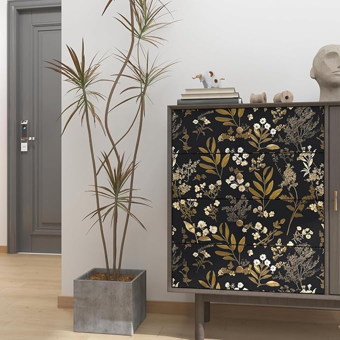 Vintage Floral Peel and Stick Wallpaper 17.5'' x 787'', Black Gold | Self Adhesive/Removable/Waterproof/Thick Vinyl Extra Long Contact Paper for Bathroom Bedroom Shelf Cabinet Drawer,Prepasted