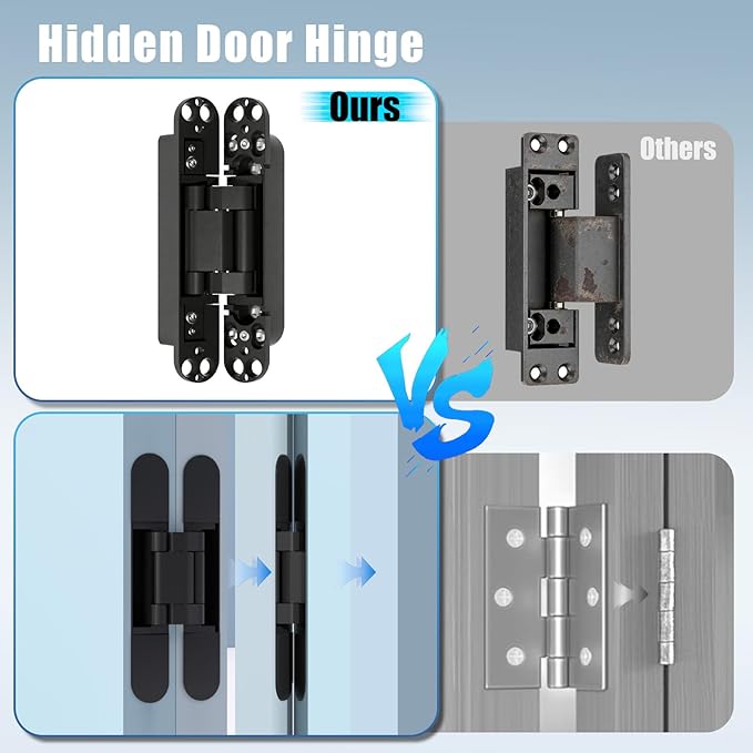 Hidden Door Hinge, 2 Pcs, Rotating Silent Design - Concealed Invisible Hinges Perfect for Invisible, Secret & Bookcase Doors, Ideal for DIY Carpenter, 3-Way Adjustable, Side Mount, 6in